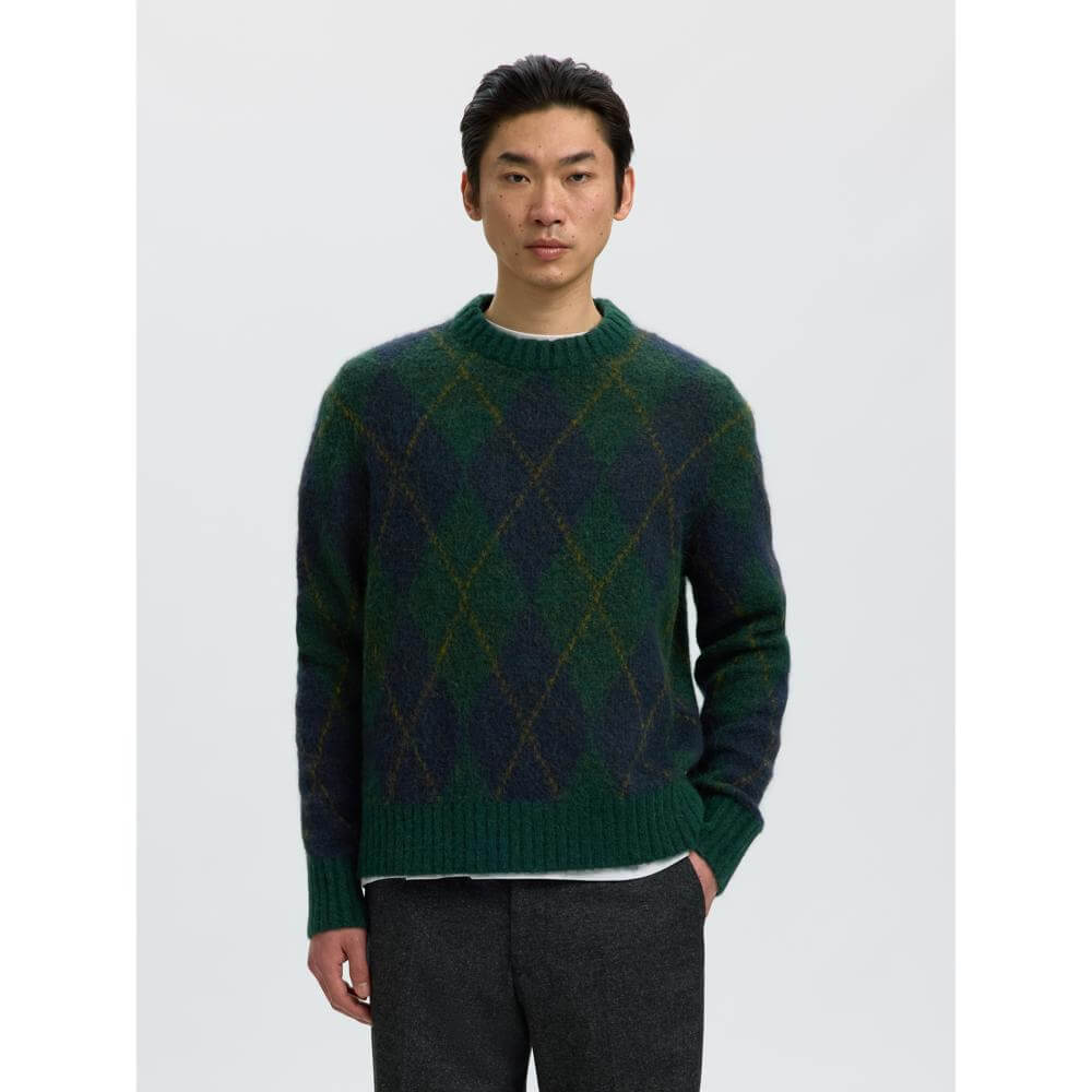 Selected Menswear Rai Ls Knit Argyle Crew Neck